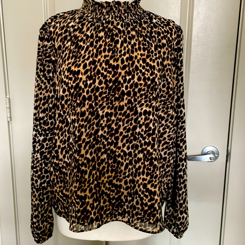 J. Crew Leopard Print Long-Sleeve Mock Neck Blouse in Tan and Black